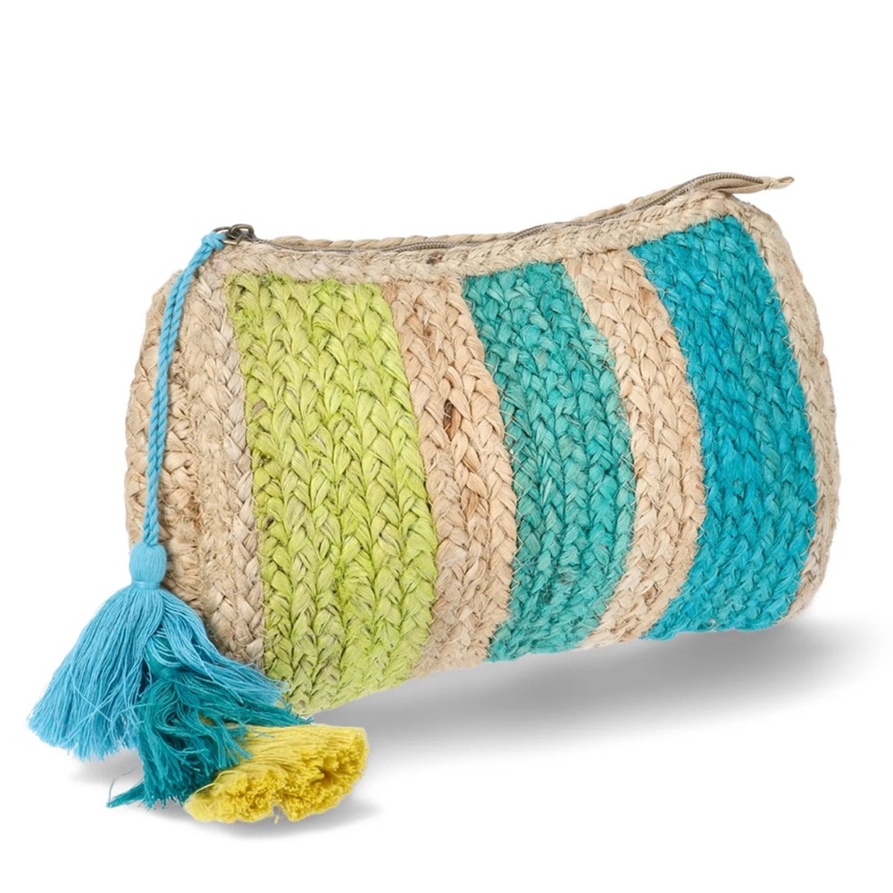 Woven Straw Clutch with Teal & Lime Stripes